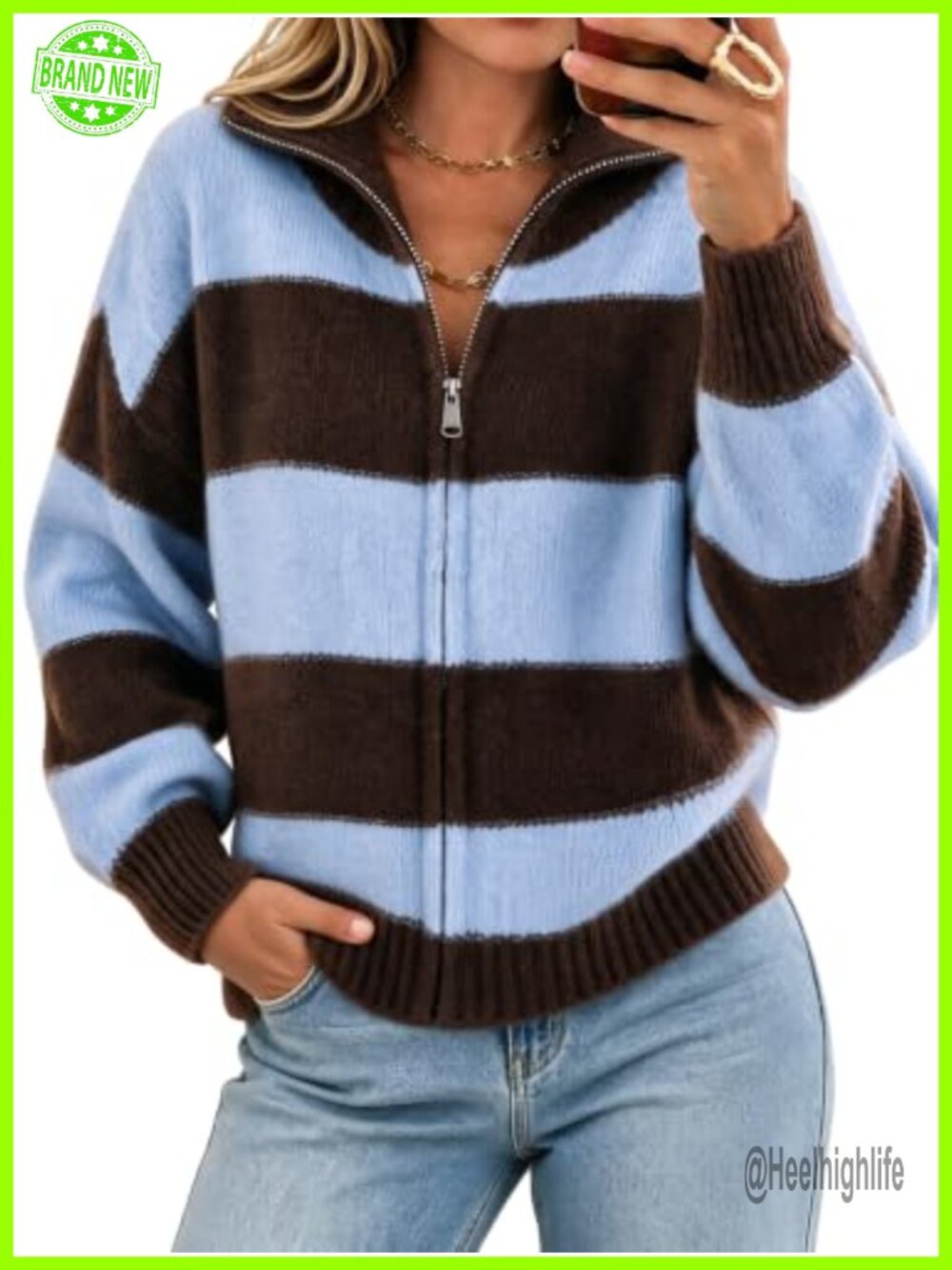 Women Striped Color Block Cardigan Zip Long Sleeve Knit Sweater